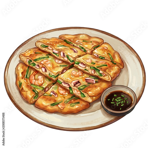 Korean Seafood Pancake PNG Clipart – Pajeon with Shrimp and Dipping Sauce
