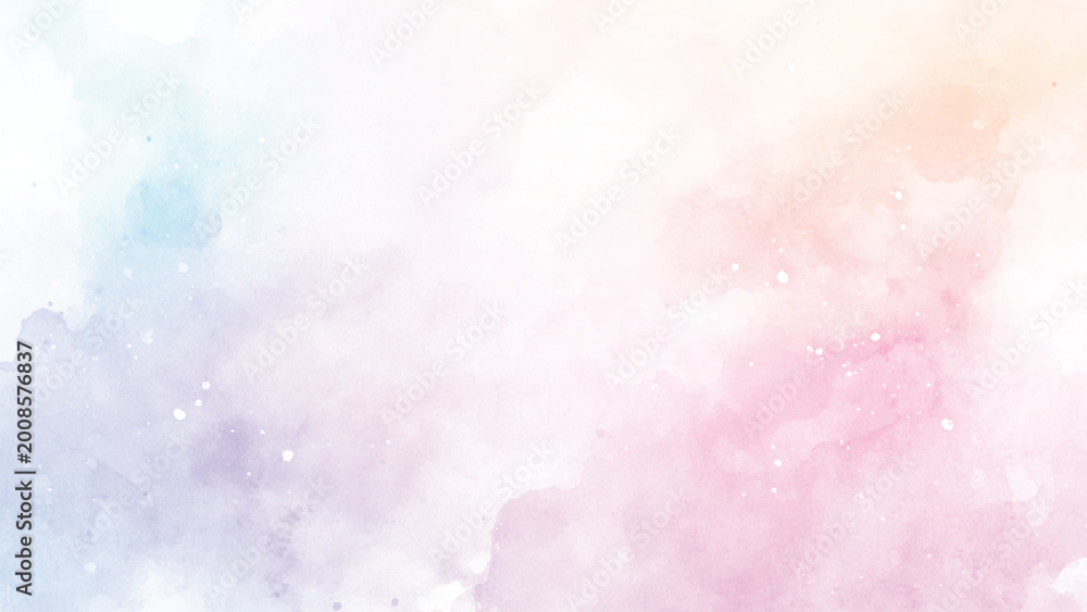 Fototapeta premium Colorful watercolor background of abstract sunset sky with puffy clouds in bright rainbow colors of pink blue yellow orange and purple
