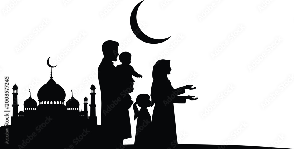 Obraz premium Muslim Family Praying Silhouette with Mosque at Night.
