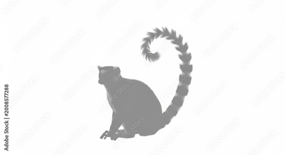 Fototapeta premium A stylized grey silhouette of a lemur with a distinctive curled tail, isolated on a white background.
