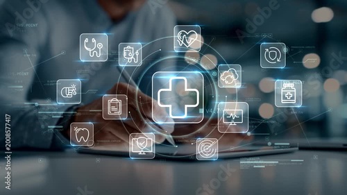 Doctor interacting with tablet as medical, heart and dental icons appear, illustrating healthcare analytics, digital medicine and smart hospital technology