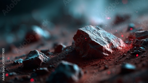 Abstract glowing particles over dark textured surface, cinematic macro