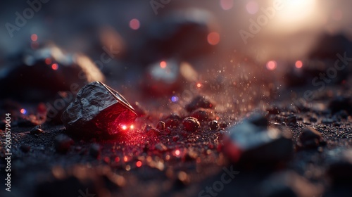 Abstract glowing particles over dark textured surface, cinematic macro