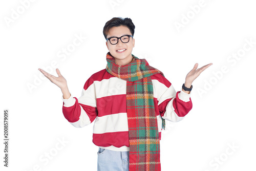 Εκτύπωση καμβά Joyful Man's Expressive Welcome: An individual, radiating cheerfulness, extends an open invitation with a welcoming gesture, his vibrant attire and warm expression enhancing the scene