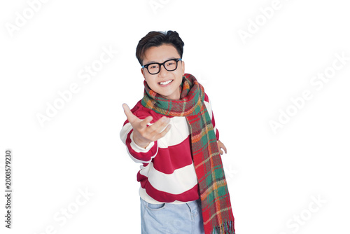 Billede på lærred Friendly Gesture: A cheerful person, warmly inviting, smiles, exuding an inviting attitude
