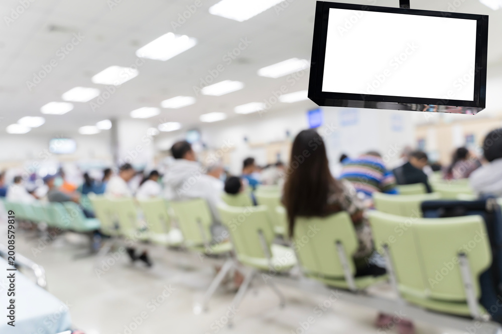 Obraz premium Blank Hanging Sign Mockup in Hospital Waiting Room Interior