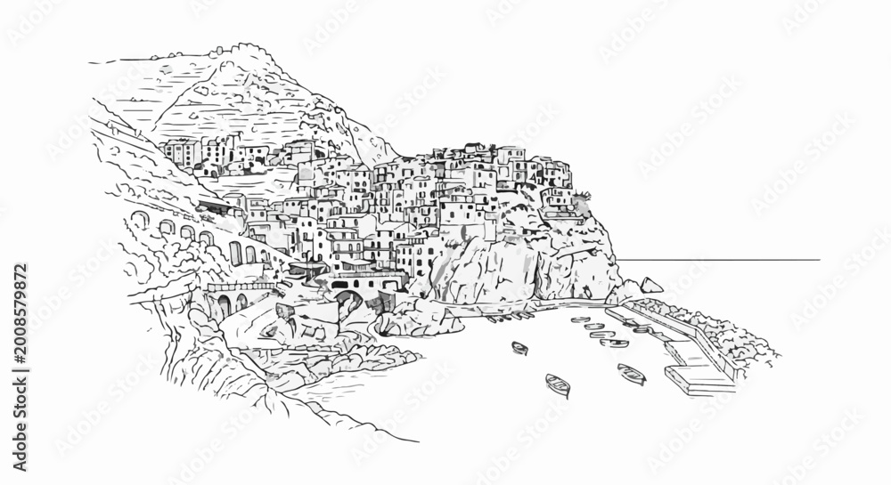 Naklejka premium Cliffside village overlooking a harbor with boats in a sketched style