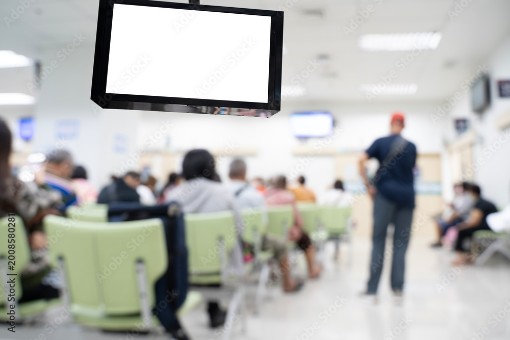Obraz premium Blank Hanging Sign Mockup in Hospital Waiting Room
