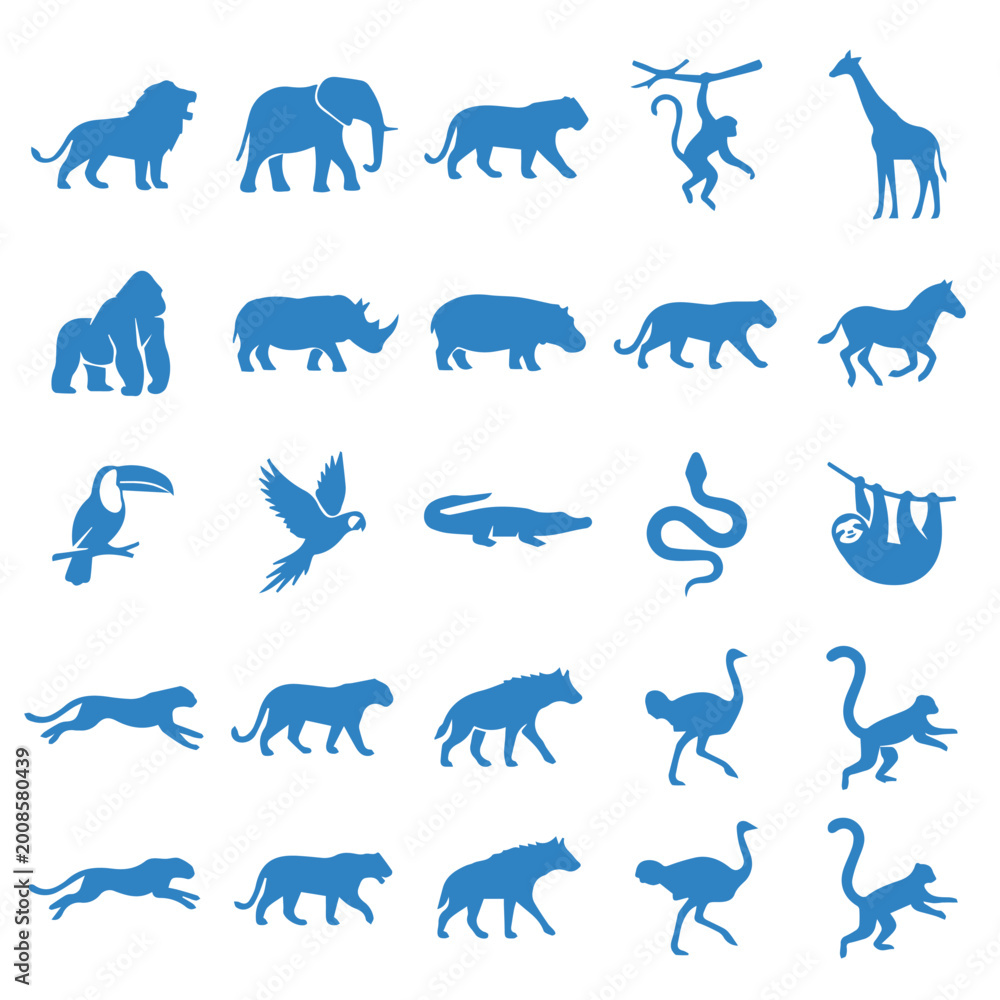 Fototapeta premium Blue silhouette icons of various animals and jungle creatures