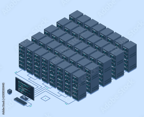 Isometric monitoring big data storage. Data transmission technology. Online hosting technology concept. Isometric technology