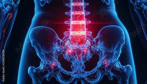 3D Rendering of Lower Back and Pelvis Anatomy with Pain Points Highlighted in Red, Useful for Medical Presentations