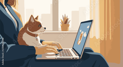 A cozy scene of a person and a dog working on a laptop by a window