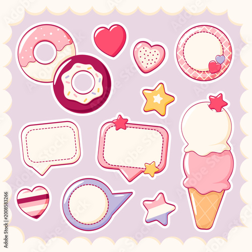 Vector Set of sticker in kawaii style. Cute eye-catching tag, label with cake, heart, speech bubble, ice cream. Collection of cozy sticker. Can be used for t-shirt print, sticker, badge, greeting card