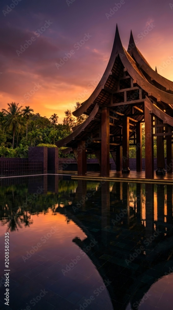 Obraz premium Tropical resort pavilion at sunset with reflection