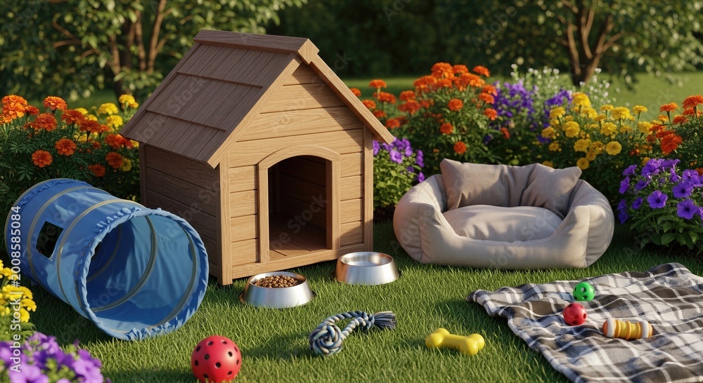 Obraz premium Wooden dog house with pet bed, tunnel, feeder and toy in flowering garden. Accessories for pet care and training. Comfortable shelter for animal in yard. Pet supplement concept.