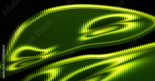 3D liquid metal abstract background with neon green glow and reeded glass texture distortion