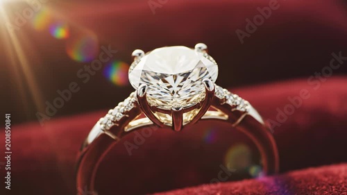 Stunning 4k macro cinematic orbit view of a diamond ring refracting golden hour light for luxury jewelry commercial advertising