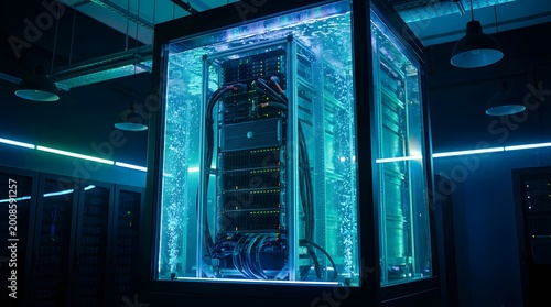 Water cooled server rack in a modern data center with blue neon lights and bubbles.