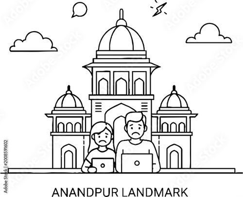 Two people using laptops near domed palace line art