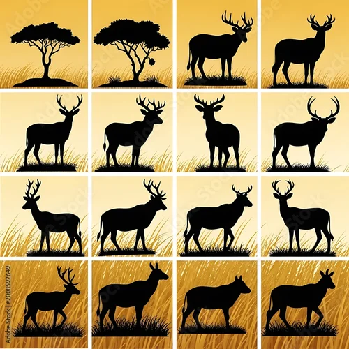 Obraz Deer silhouettes in savannah landscape.