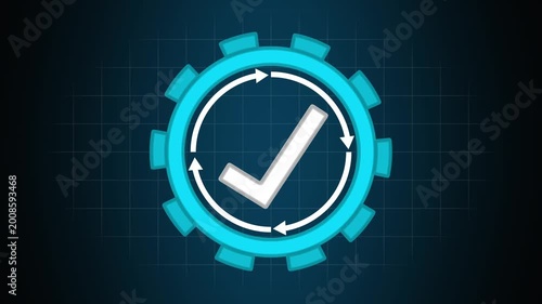 Gear icon animation with blue check mark. Gear icon circular arrow refresh indicator. Gear icon technical approval graphic on black background.