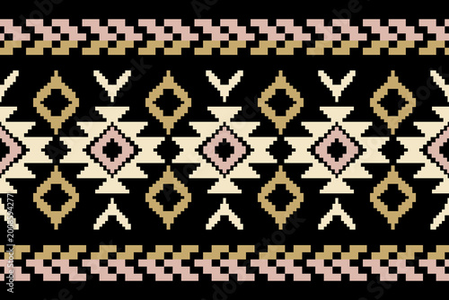 Ethnic Ikat Geometric Seamless Pattern, Black Background with Gold and Pink Tribal Border, Folk Embroidery Design for Textile and Fabric, Bohemian Background for Wallpaper, Vector Illustration