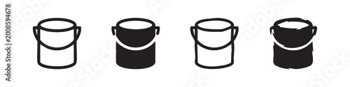 Paint bucket icon set in outline and solid styles, suitable for construction, art, and renovation projects