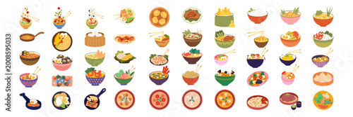 Colorful Asian Food Illustration Set with Bowls Noodles Dumplings Rice and Soup Dishes on White Background