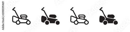 Fotografía Lawn mower icon set, gardening equipment and grass cutting vector illustrations