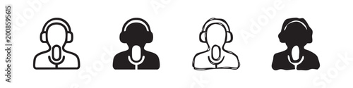 Foto Podcaster or broadcaster icon set, person with headphones and microphone vector