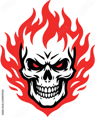 Fiery Skull Head with Red Flames, Horror Skeleton Face Vector, Halloween Graphic