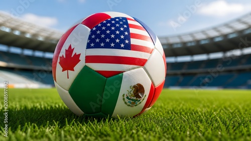 Soccer Ball with USA Canada and Mexico Flag Design on Grass