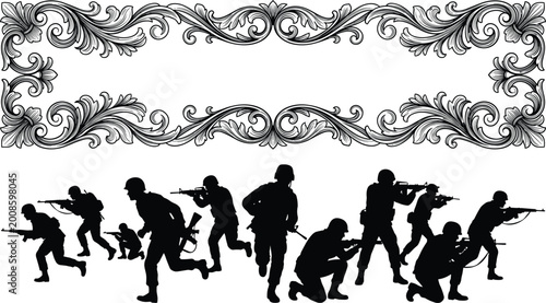Εκτύπωση καμβά Vintage Baroque Floral Border with Silhouettes of Soldiers in Combat Poses Isola