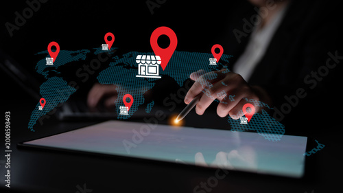 Quadro su tela Concept of global business strategy with a digital map and location markers representing growth opportunities in online retail and e-commerce development