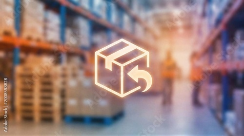 Cardboard box with return arrow icon overlaying warehouse interior. Concept of product return service, e-commerce logistic management and supply chain business. Digital shipping illustration.
