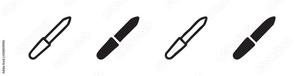 Obraz premium Nail file or emery board icon set for manicure and pedicure. Black outline and solid fill vector illustration on white background.