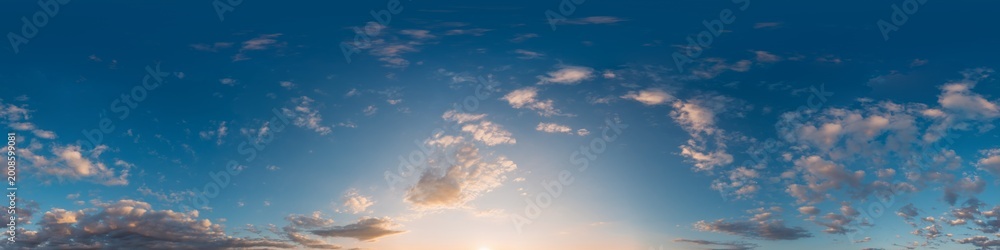 Fototapeta premium Sky panorama clouds over a serene sunset horizon with beautiful blue and orange gradients and copy space