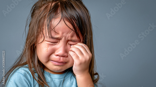 Child's Tears A poignant close-up captures a young child's emotional distress, with tears streaming down the face, evoking empathy.