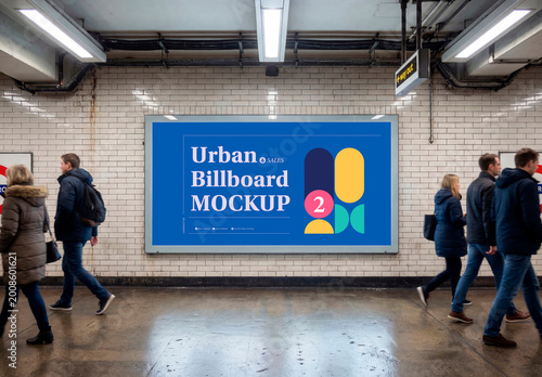 Subway billboard mockup with people walking station