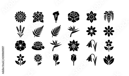 Foto Simple black floral icons pack isolated on white background clean botanical symb