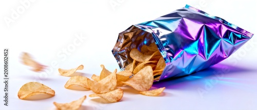 Open Bag of Crispy Chips on White Background