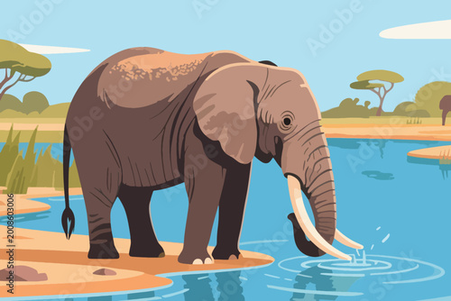Elephant Drinking by the River Illustration Creative Design Template 