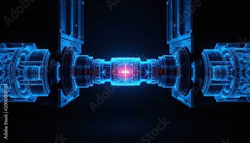 Advanced Technology Fusion Reactor Core Illustration with Glowing Energy and Blue Light Effects, Futuristic Energy Concept