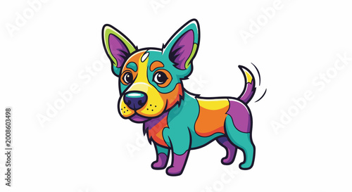 Stylized canine with vibrant, geometric color blocks, playful posture