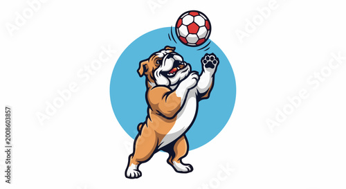 A playful bulldog energetically jumps to catch a soccer ball