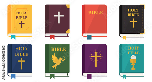 Holy bible icon collection in colored style. Set of religious books with cross, dove and christian symbol variations