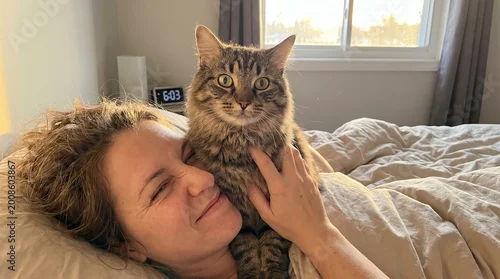 Fototapeta na wymiar Cat sitting on a sleeping woman's face to wake her up while she smiles sleepily