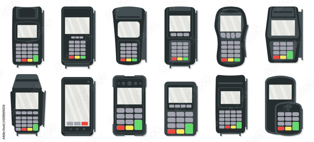 Fototapeta premium Payment terminal collection in flat style. Set of POS devices with keypad, screen and contactless payment variations