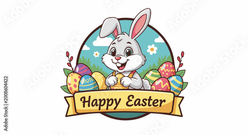 A smiling cartoon bunny surrounded by colorful decorated eggs and flowers