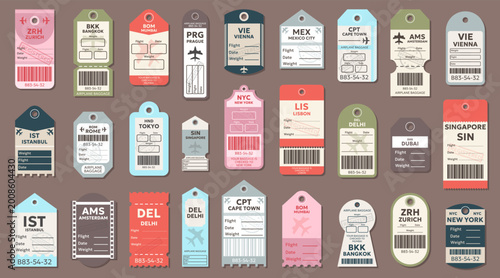 Travel baggage tag collection in flat style. Set of airline labels with city names, barcodes and flight information elements